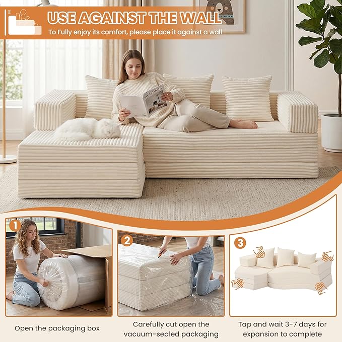 Modular Sectional Sofa, Boneless Convertible Oversized Sleeper Sofa Bed, Modern Tri-Folding Cloud Couch with L-Shape Chaise, Corduroy Futon Couches for Living Room Small Spaces Apartment,No Assembly