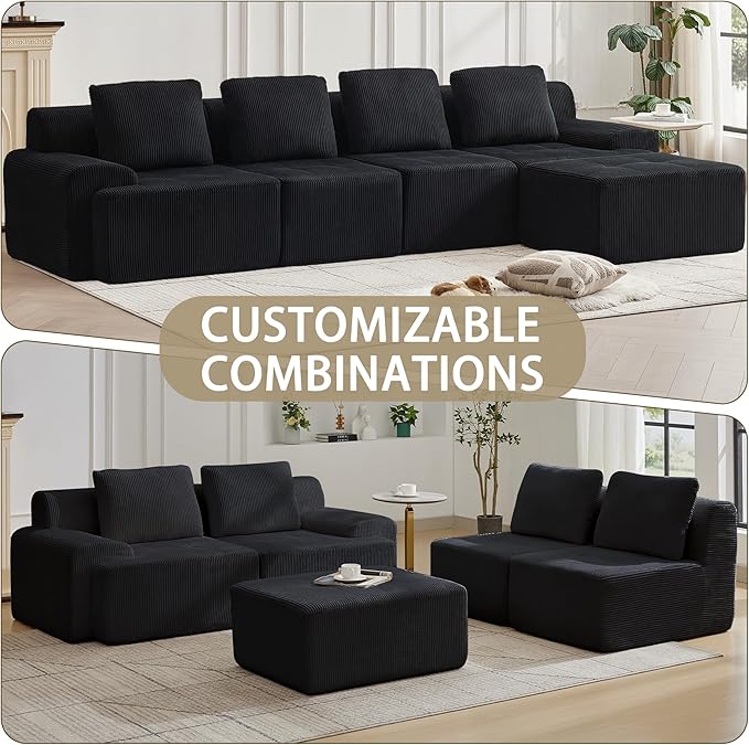 Modular Sectional Sofa with Movable Ottoman, 4 Seat Deep Seat Couch with 4 Pillows, Comfy Cloud Sectional Sofa for Living Room, Bedroom and Apartment (Black, 2 Left+2 Right+1 Ottoman)