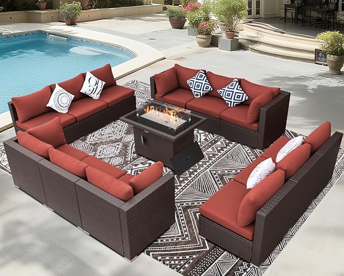 BULEXYARD 13 Piece High Back Wicker Patio Furniture Sets with Fire Pit, Elegant XL Oversized Outdoor Seating Set Modular, Comfy Extra Deep Wide 12-Person Sectional Couch Sofa for Backyard, Brown & Red