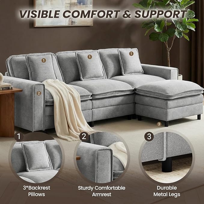 Modular Sectional Sofa 107", Comfy Cloud Couch with Ottoman, Deep 4-Seat L Shaped Modular Sofa, Couches with Throw Pillows for Living Room, Light Grey