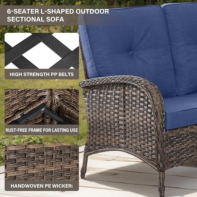 Belord Outdoor Furniture Set - 6 Pieces Patio Conversation Sectional Sofa Set with Patio Rocking Chairs Set of 2 and Wicker Coffee Table for Deck Backyard Sunroom Brown