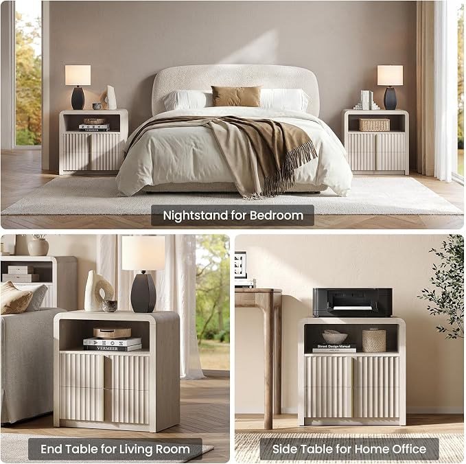 ModernMate Night Stand Set of 2, 23.6" Fluted Nightstand with 2 Drawers, Curve Profile Bedside Table with Solid Metal Handle, Thicken End Side Table for Bedroom, White Alder - Image 6