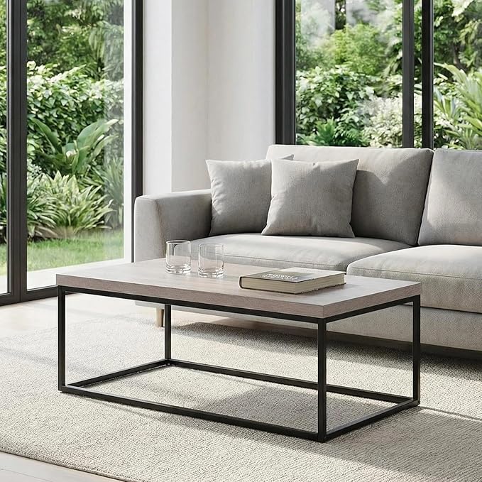 CENSI 47" Industrial Coffee Table, Rustic Grey French Oak Finish, Extra Thick 1.6" Wood Top, Sturdy Metal Frame, Modern Farmhouse Rectangular Cocktail Center Table for Living Room, Easy Assembly