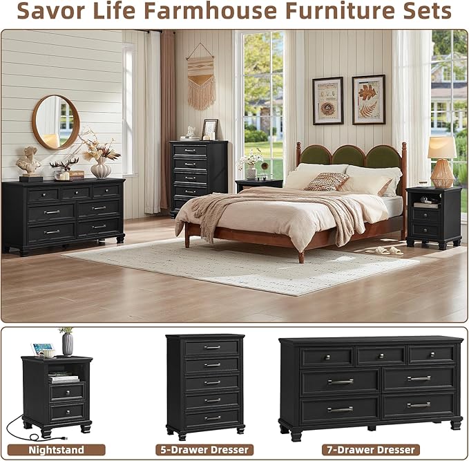 SAVOR LIFE Farmhouse Bedroom Dresser and Nightstand Set 3, 5/7 Drawer Dresser & 2 Drawer Nightstand Set, Rustic Wood Bedroom Furniture Set 3 for Home, Hallway, Black