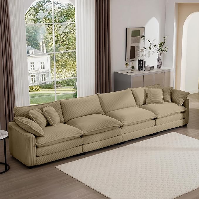 KEIKI 150" Oversized Corduroy Modular Sectional Cloud Sofa with High-Density Foam Cushions, Removable Armrests, Upholstered Modern 4-Seater Fluffy Corner Couch with 6 Pillow, for Living Room, Tan