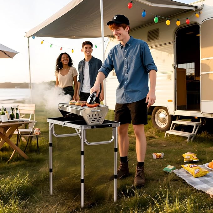 Anbte 2ft Folding Grill Table, Adjustable Height Max 27.5" Aluminum Camping Table, Heat-Resistant Tabletop, Lightweight, Portable Handle for Travel Cooking BBQ Picnic, 22.8" x 16", Silver - Image 2