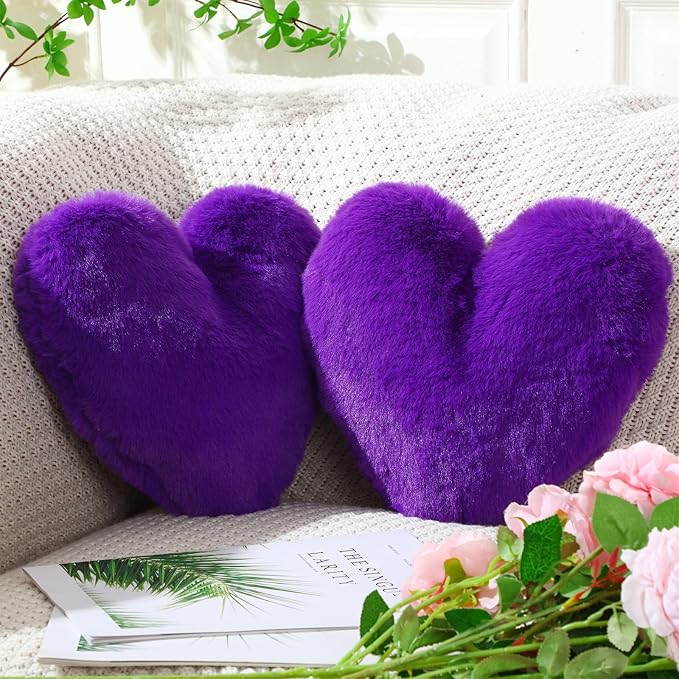 Marsui 2 Pcs Heart Throw Pillows, Soft Fluffy Faux Fur Decorative Hearts Shaped Pillows for Living Room Sofa Bed, Cute Heart Themed Gift for Women(Royal Purple,11.81 x 11.02 Inch)