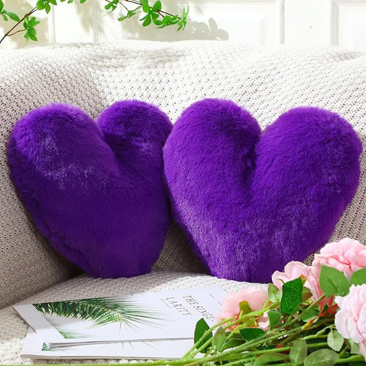 Marsui 2 Pcs Heart Throw Pillows, Soft Fluffy Faux Fur Decorative Hearts Shaped Pillows for Living Room Sofa Bed, Cute Heart Themed Gift for Women(Royal Purple,11.81 x 11.02 Inch)