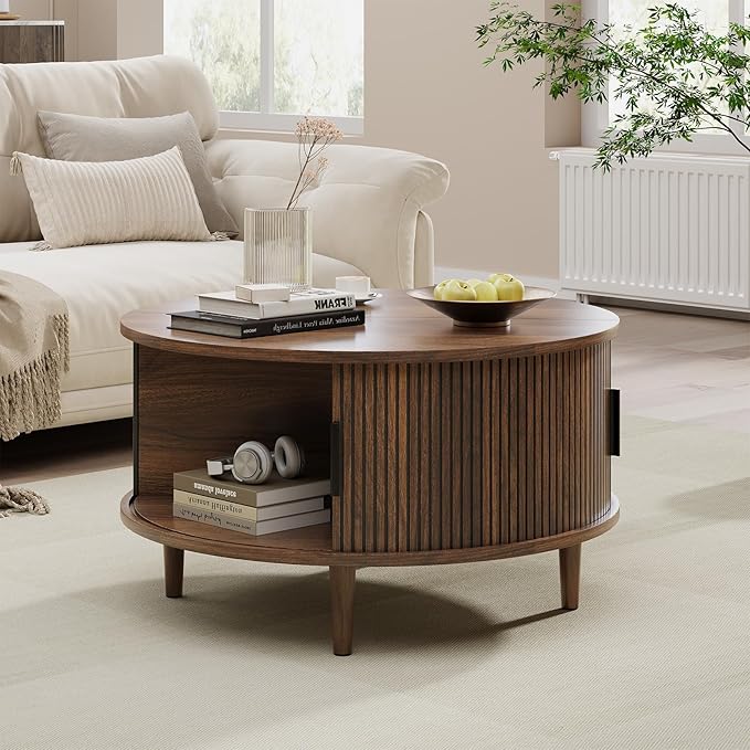 Round Coffee Table with Storage, Mid Century Modern Coffee Table, Fluted Dining Table with Sliding Door, Circle Coffee Table for Living Room Home Office, 31.5", Walnut