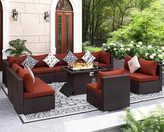 NICESOUL 11 Piece Modern Outdoor Patio Furniture Set with Firepit Propane/Natural Gas, 29.3'' High Back Wicker Conversations, 10 Seater Large Wide Sectional for Outside, Brown Rattan and Red Cushion