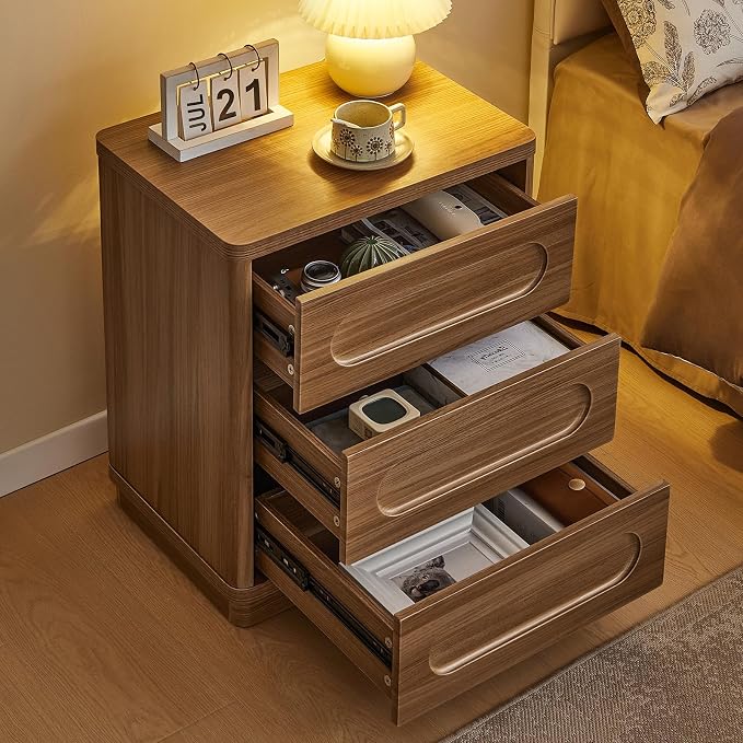 26.2" Tall Nightstand, 21.7" W Night Stand with 3 Storage Drawers, Wood Beside Table, Rounded Corner Design for Bedroom（Brown） - Image 7