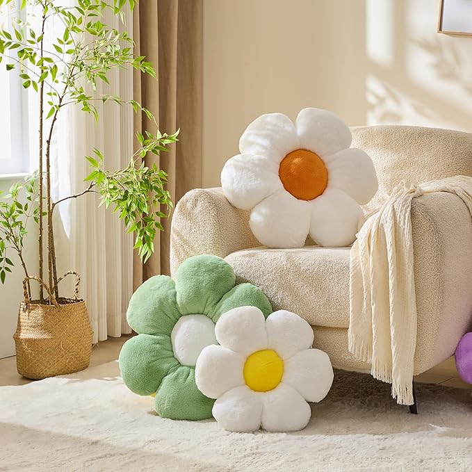 CANGHI Flower Pillows Flower Shaped Throw Pillow Cute Daisy Pillows Seating Cushions for Adults Kids Home Bedroom Sofa Chair Couch Decor (4pcs White/Pink/Yellow/Green, 15.74 inch)