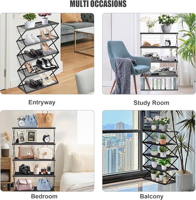 Shoe Rack for Entryway 5 Tier Foldable Shoe Rack Without Assembly Collapsible Metal Shoe Organizer Folding Shoe Storage Rack for Door, Living Room, Black - Image 7
