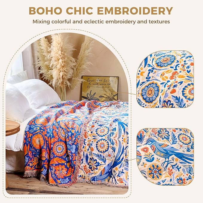 LUTBM Boho Throw Blanket for Bed Cotton Spring Blankets Twin Size for Bedroom Living Room All Season Lightweight Floral Bird Embroidery Breathable Quilt for Couch Sofa Chair 60"x80" Home Decor