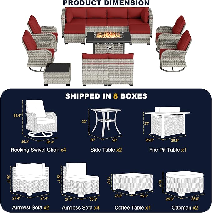 16-Piece Outdoor Patio Furniture Set with Rocking Swivel Chair, Wicker Rattan Sectional Sofa Conversation Set with 55,000 BTU Fire Pit Table with Ottomans, Backyard Furniture, Red