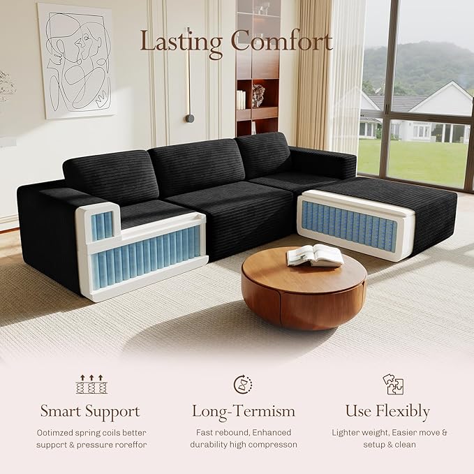 Vesgantti 119" L-Shaped Modular Sectional Sofa, Corduroy Cloud Couch with Deep Seating & Spring Support, Flexible Layout Sofa with Ottoman, Boneless Style, No Assembly Required, Black
