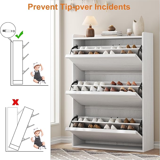 GarveeHome Shoe Cabinet with 3 Flip Drawers, Wooden Shoe Organizer with Adjustable Shelf, Shoe Storage for Entryway, Hidden Shoe Cabinet for Hallway, Living Room, White - Image 6