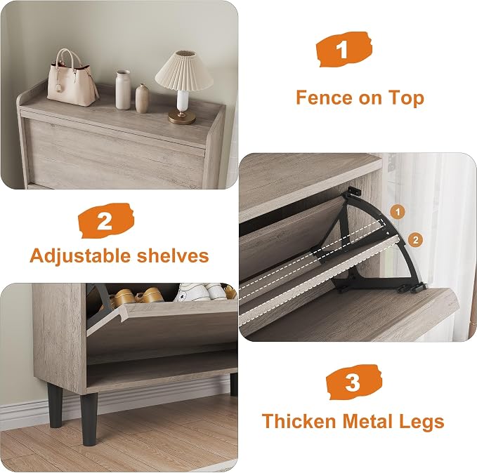 GarveeHome Shoe Cabinet with 2 Flip Drawers, Wooden Shoe Organizer Cabinet with Adjustable Shelf, Shoe Storage for Entryway, Hidden Shoe Cabinet for Hallway, Living Room, Grey - Image 6
