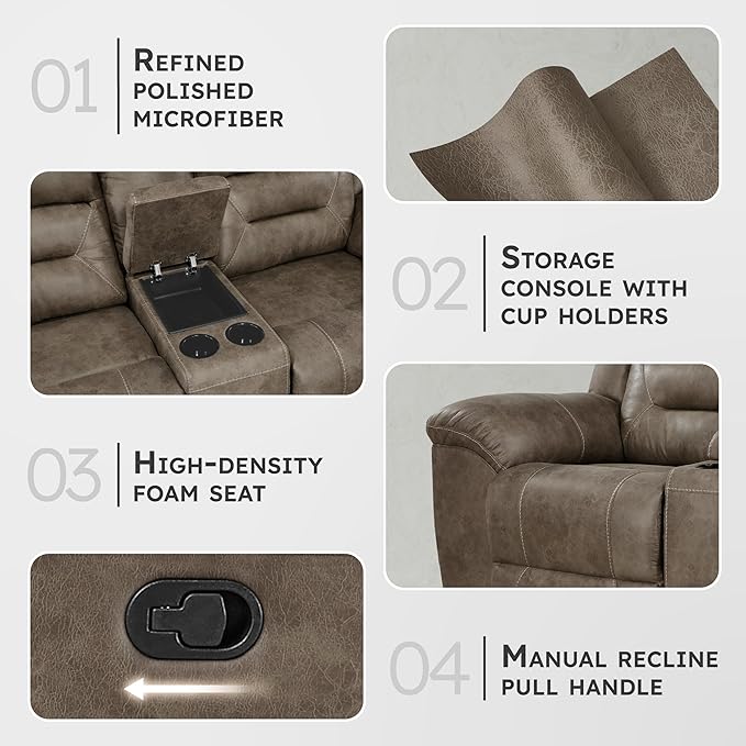 Lexicon Manual Double Reclining Loveseat with Center Console, Wall Hugger Polished Microfiber Dual Recliners Love Seat, for Living Room, Required Assembly, Brown