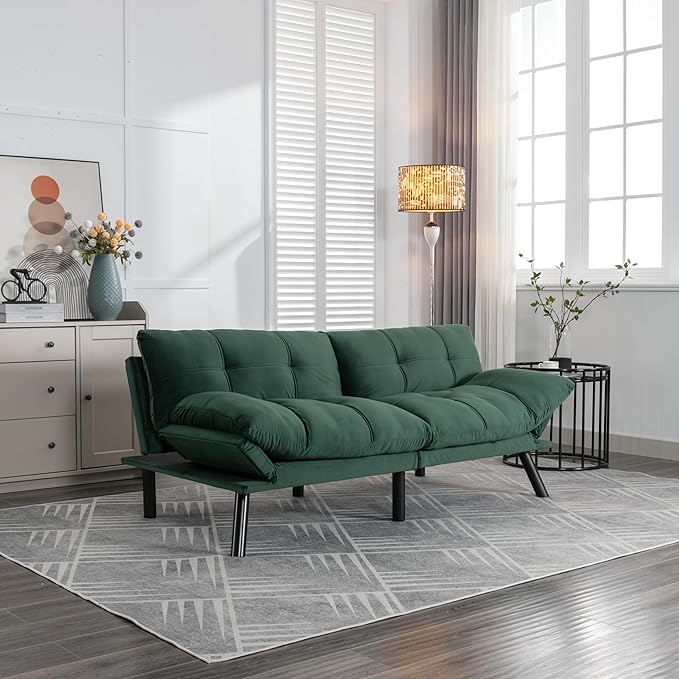 Ball & Cast 71" Futon Sofa Bed, Mordern Upholstered 2 Seater Couch with Adjustable Backrest,Folding Loveseat with Metal Legs for Living Room,Office,Emerald