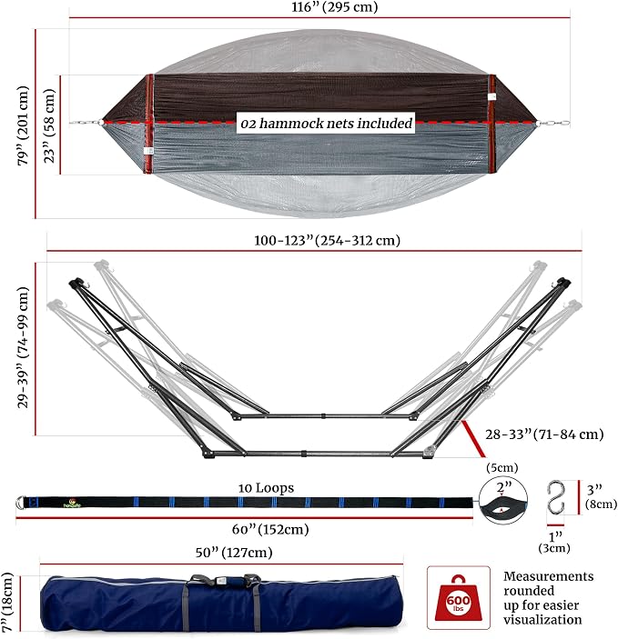 Tranquillo Combo x2 Hammocks with Stand for Outside & Tree Straps, Heavy Duty Hammock with Stand 600lbs for Indoor Outdoor Patio Backyard, x2 Hammocks for 2 Person (Combo - Brown, Medium) - Image 7