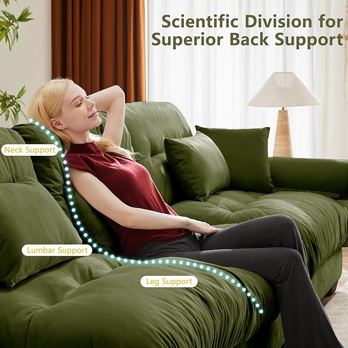 KEIKI 130" U-Shaped Oversized Velvet Modular Sectional Sofa with 2 Ottoman, High-Density Foam Cushions and Bolstered Armrests, Upholstered 3-Seater Cloud Couch with 5 Pillow, for Living Room, Green
