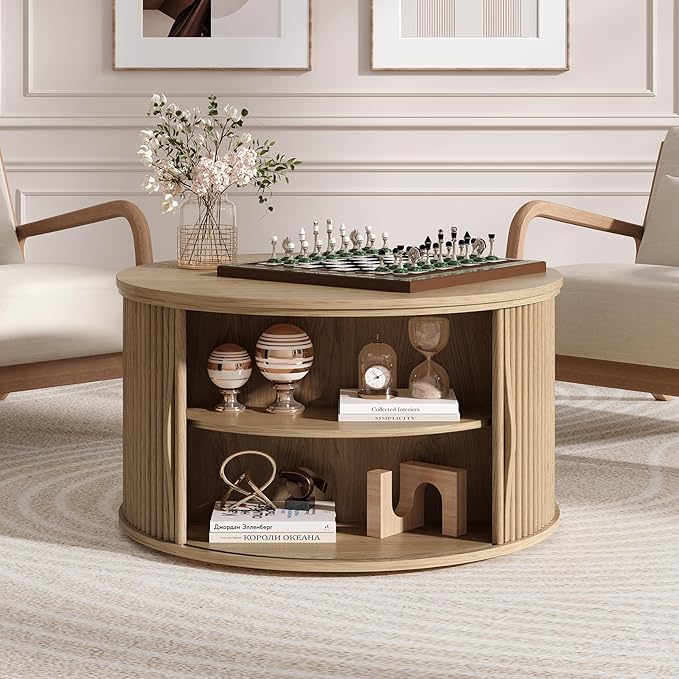 Round Lift Top Coffee Table, 31.5” Mid Century Modern Center Table with Hidden Storage, Fluted Circle Coffee Tables for Living Room, Home Office, Oak