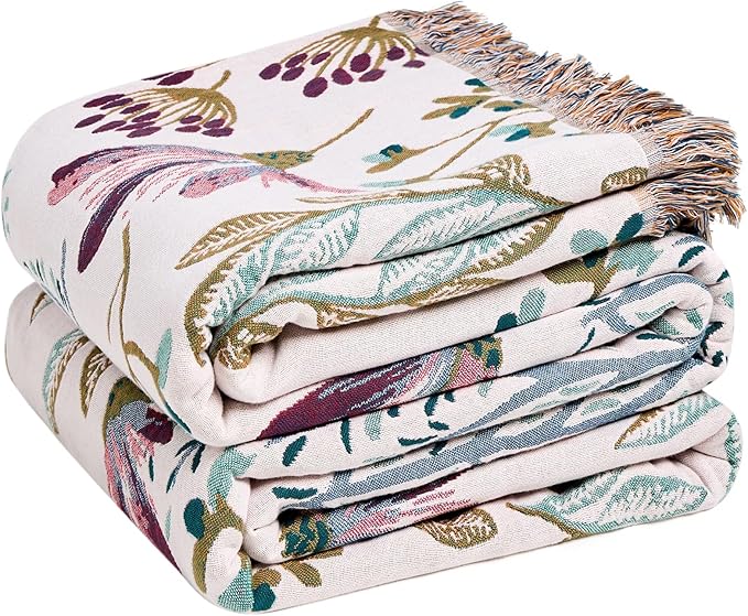LUTBM Boho Throw Blanket for Couch Sofa Chair Cotton Spring Blankets for Bedroom Living Room All Season Lightweight Reversible Floral Embroidery Throws 50"x60"