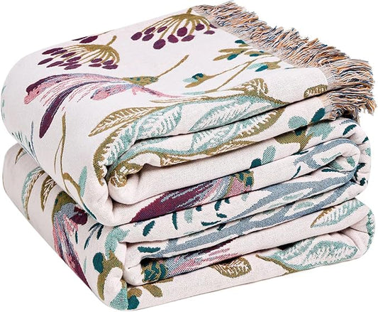 LUTBM Boho Throw Blanket for Couch Sofa Chair Cotton Spring Blankets for Bedroom Living Room All Season Lightweight Reversible Floral Embroidery Throws 50"x60"