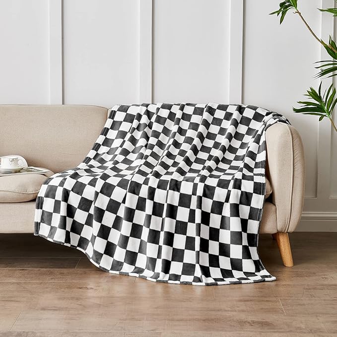 Edenleaf Checkered Blanket Flannel Throw Blankets Soft Cozy Checkered Grid Print Chessboard Gingham Pattern Throws for Bed Sofa Couch for All Seasons, 60x80 Inch, Black