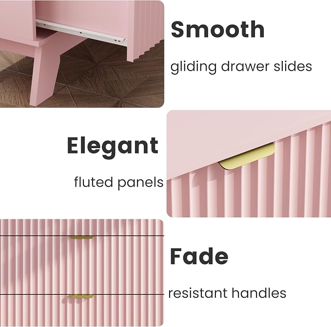 Wodeer Pink Night Stand with 3 Drawers, Bedside Table & End Table, 24" Wide Mid Century Modern Fluted Wood Nightstand with Metal Handles, Farmhouse Night Stands for Bedroom - Image 8