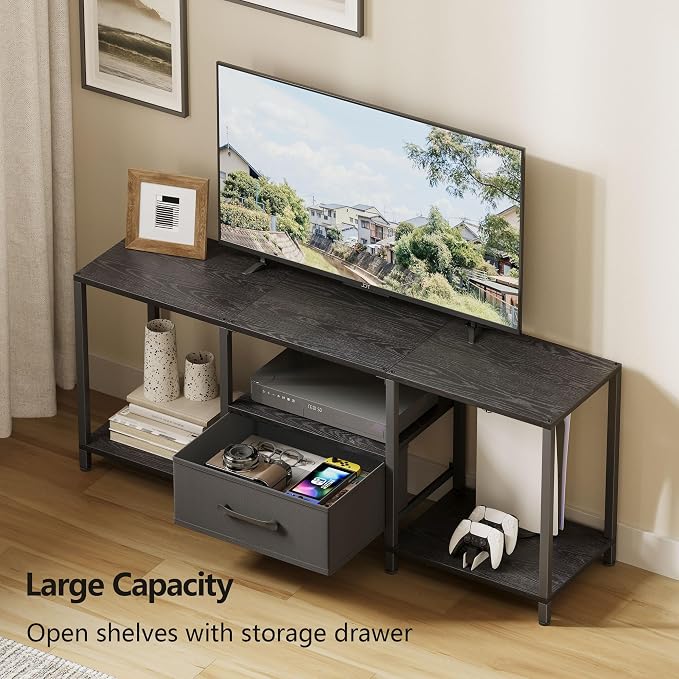 JARHETUN TV Stand with Fabric Drawer for 55 Inch TV, Entertainment Center with Open Shelves, Media TV Console Table for Living Room, Bedroom, Black - Image 4