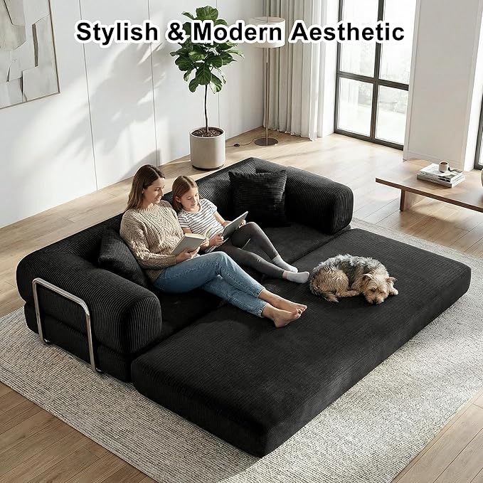 78 Inch Folding Convertible Sofa Bed, 4-in-1 Oversized Cloud Corduroy Upholstered Boneless Couch, Loveseat Sleeper with Pull Out Bed, Modular Futon Floor Sofa Couch for Living Room Bedroom Lounge