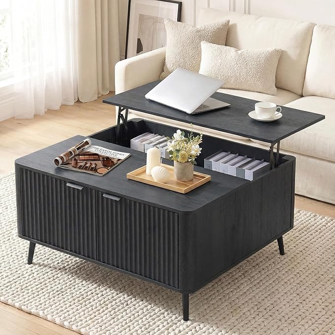 Lift Top Coffee Table with Storage, 35.4" Wide Square Black Coffee Table with Large Hidden Compartment, Mid Century Modern Fluted Center Table for Home Living Room, Balck Grey