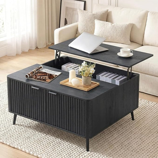 Lift Top Coffee Table with Storage, 35.4" Wide Square Black Coffee Table with Large Hidden Compartment, Mid Century Modern Fluted Center Table for Home Living Room, Balck Grey