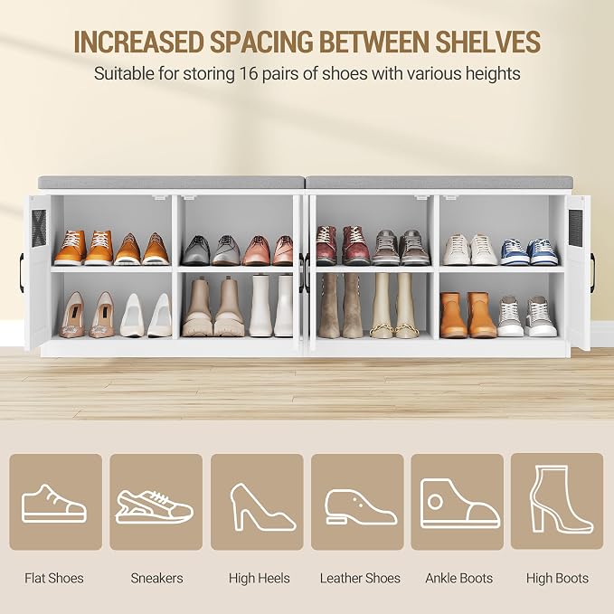 Hzuaneri 2 Tier Shoe Storage Bench with Doors, 59" Farmhouse Shoe Bench with Padded Cushion, 12-16 Pairs of Bed End Bench, Entryway Bench with Storage for Bedroom, Living Room, White SB61503X - Image 5
