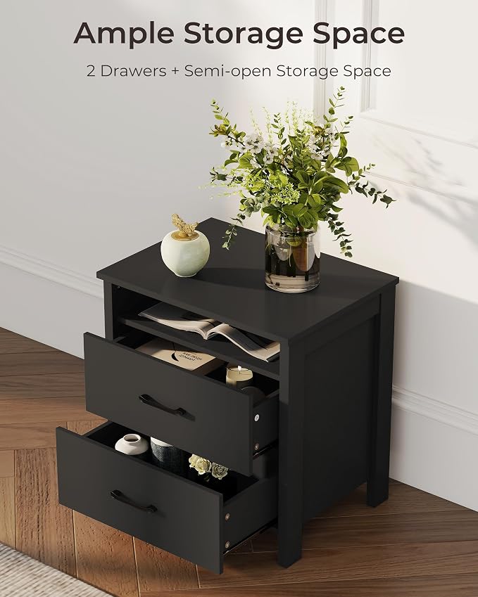 Farmhouse Nightstand, Rustic Nightstand with 2 Large Drawers, Wood End Table with Open Shelf, Bedside Table for Bedroom, Black - Image 3