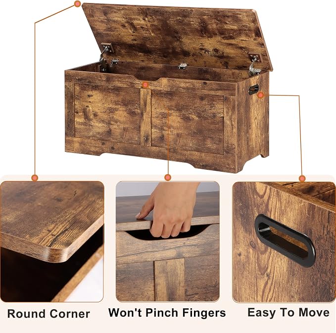 Timberer 39.4" Storage Chest, Wooden Storage Bench, Lift Top Toy Chest with 2 Safety Hinges, Large Toy Box, Entryway Bench for Living Room, Bedroom, Rustic Brown - Image 7