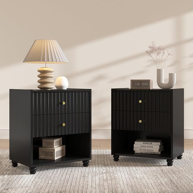 Modern Nightstand, Fluted End Table with 2 Drawers, Nightstand with Open Shelf for Bedroom (2, Black) by ZOSQUARE