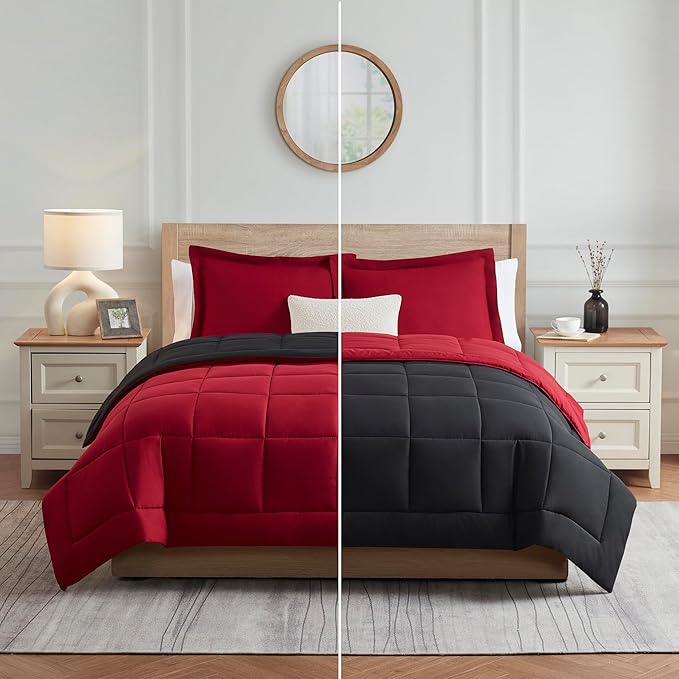 Nestl 3 Piece Quilted Down Alternative Comforter, Oversized King Size with 2 Pillow Shams, All Season Red/Black Duvet Inserts, Corner Tabs