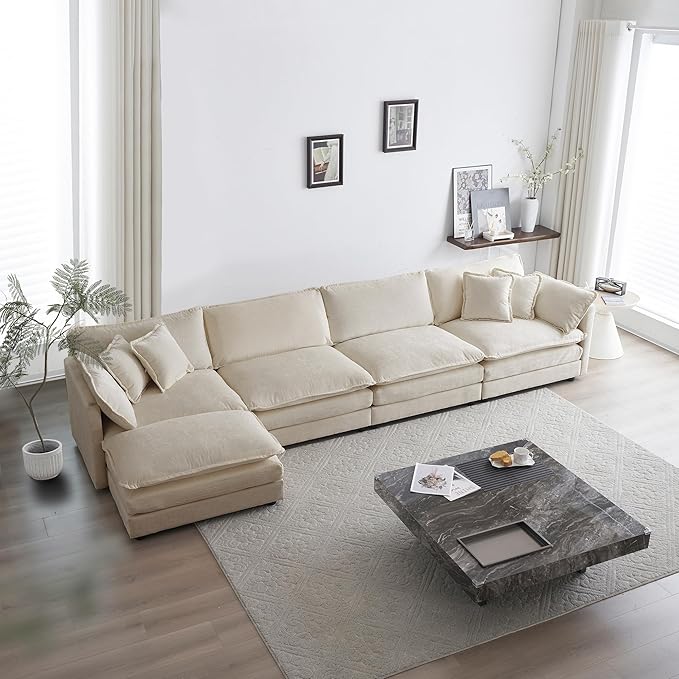 ERYE Shaped Oversized Sectional Sofa Modern Deep Seat Reversible Chaise Sofa&Couch with Movable Ottoman, Modular Sleeper Upholstered Couch for Living Room, Apartment, Studio, Office, 146.5", Beige/L