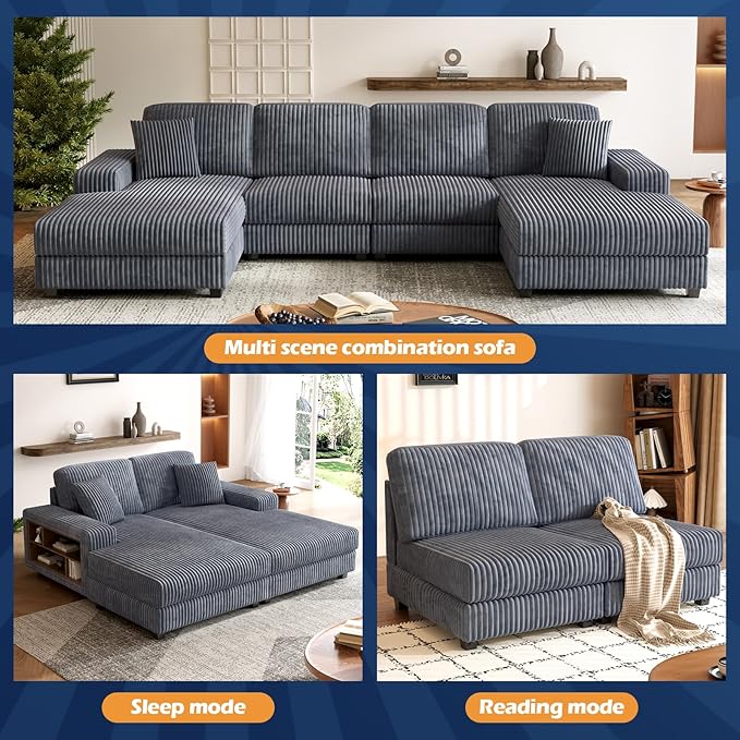 ERYE U-Shaped Modular Sectional Sofa Convertible Symmetrical Sofa Couch with Removable Chaise Lounges, U Shaped Double Chaises Sectional Couches with Storage Armrests