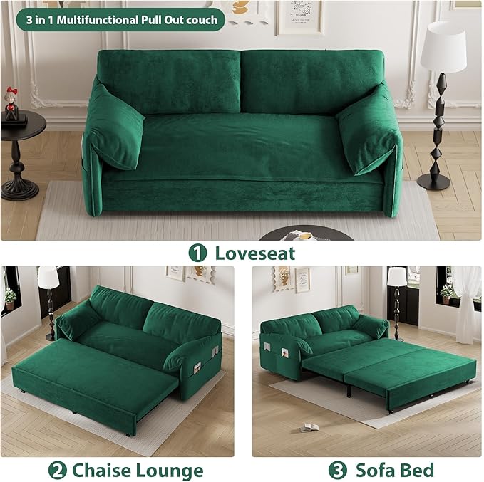 Ball & Cast 63.8" Pull Out Sofa Bed, 3-in-1 Convertible Sleeper Sofa with Side Storage Pockets,Multi-Functional Velvet Loveseat Bed for Living Room,Bedroom,Apartment,Office,Green