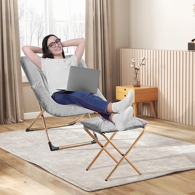 Youtanic Comfy Oversized Saucer Chair with Ottoman,Soft Faux Fur Reading Lounge Chair for Adults,Stable X-Large Metal Frame and Non-Slip Pad,Cozy Chair for Bedroom, Living Room, Dorm, Light Gray
