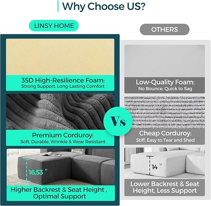 LINSY HOME Modular Sectional Sofa, 105" Boneless Couch L Shaped 3-Seat Sofa with Movable Ottoman, Corduroy Sectional Cloud Couches for Living Room, No Assembly Required, Bluish Grey