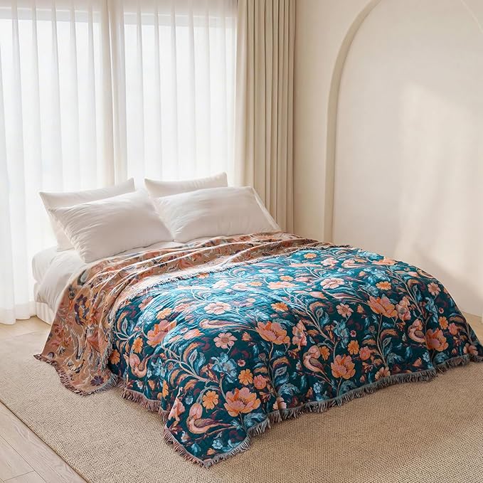 Boho Throw Blanket - 100% Cotton Ultra Soft Muslin Blanket, 60"x80" Lightweight Floral Bird Framhouse Bedding Spring Blanket for Bed, All Season Green Bohemian Bedroom Home Decor Quilt
