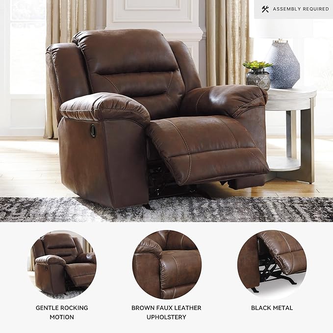 Signature Design by Ashley Stoneland Faux Leather Manual Pull Tab Rocker Recliner, Dark Brown