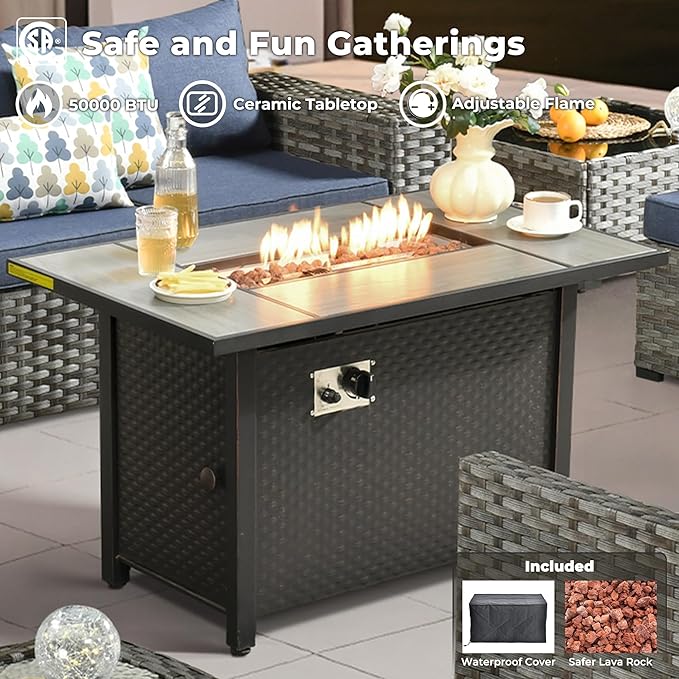 ovios 10 Pieces Patio Furniture Set, Outdoor Wicker Sectional Sofa with 42" Fire Pit Table Swivel Chairs, Modern Modular Deep Seat Rattan Couch Conversation Sets, Denim Blue