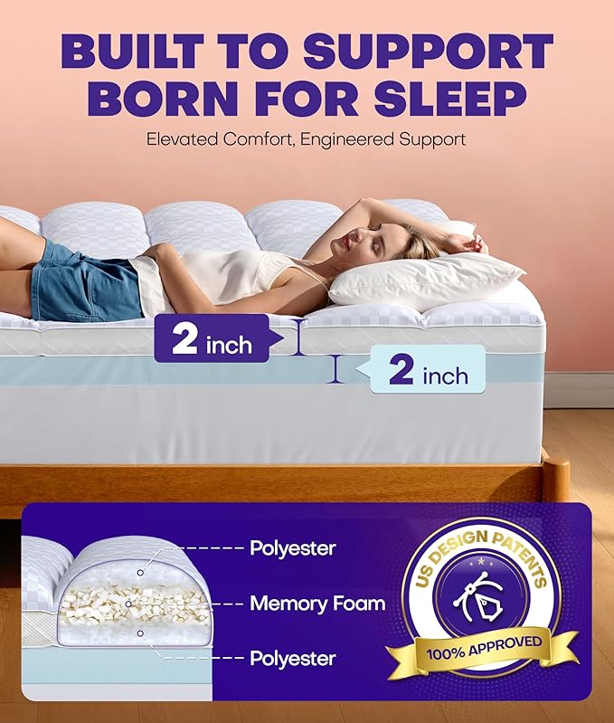 Dual Layer 4 Inch Memory Foam Mattress Topper for Pressure Relief with 4X Support, 2" Fluffy Pillow Top King Mattress Topper 50% Viscose Made from Bamboo Plus 2" Cooling Gel Memory Foam Mattress Pad