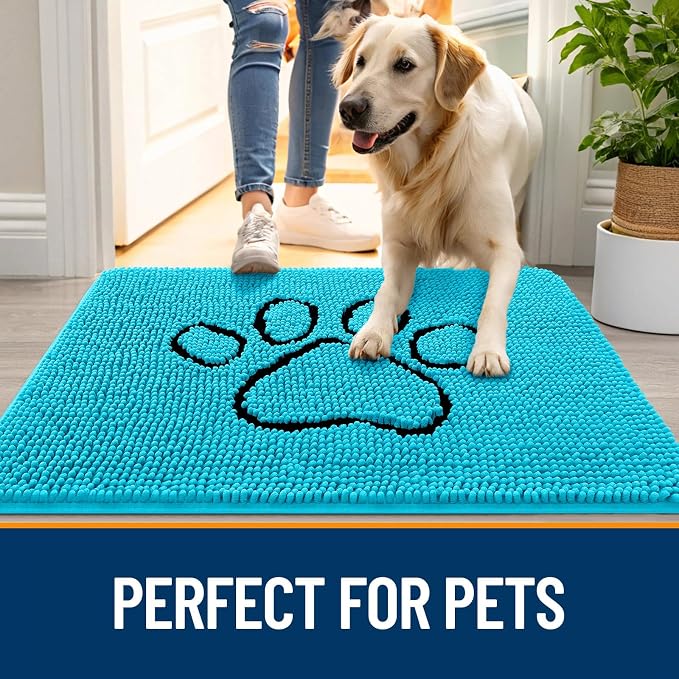 OLANLY Dog Door Mat for Muddy Paws 36x24, Paw Print Design, Absorbs Moisture and Dirt, Absorbent Non-Slip Washable Doormat, Quick Dry Chenille Mud Mat for Dogs, Entry Indoor Entryway Carpet, Aqua Blue - Image 6